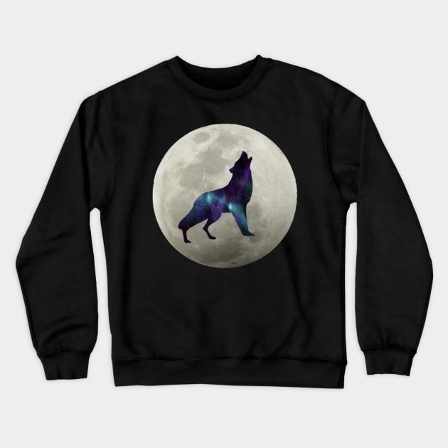 Cosmic Galaxy Wolf Howling Full Moon Space Wolf Gift Crewneck Sweatshirt by AmbersDesignsCo